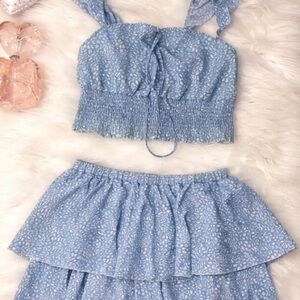 ZARA Blue Matching Set Large | Floral Crop Top + Ruffle Skirt
